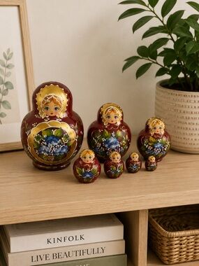 Russian Matryoshka Nesting Dolls Burgundy Gold Hand Painted Signed Collectible